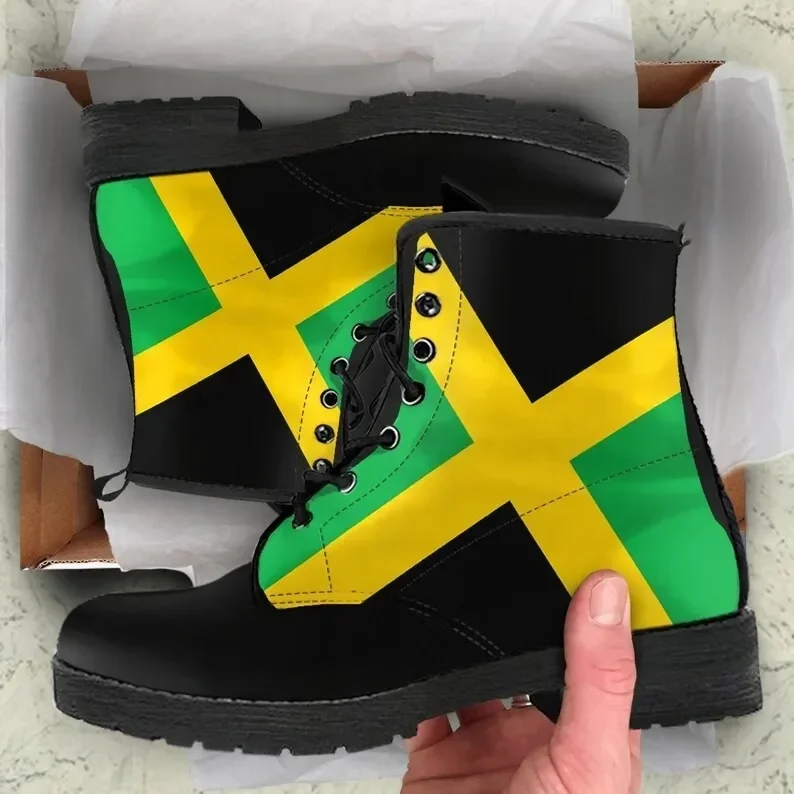 

Jamaican Flag Leather Boots, Handcrafted Custom Print, Men's Women's Winter Boots
