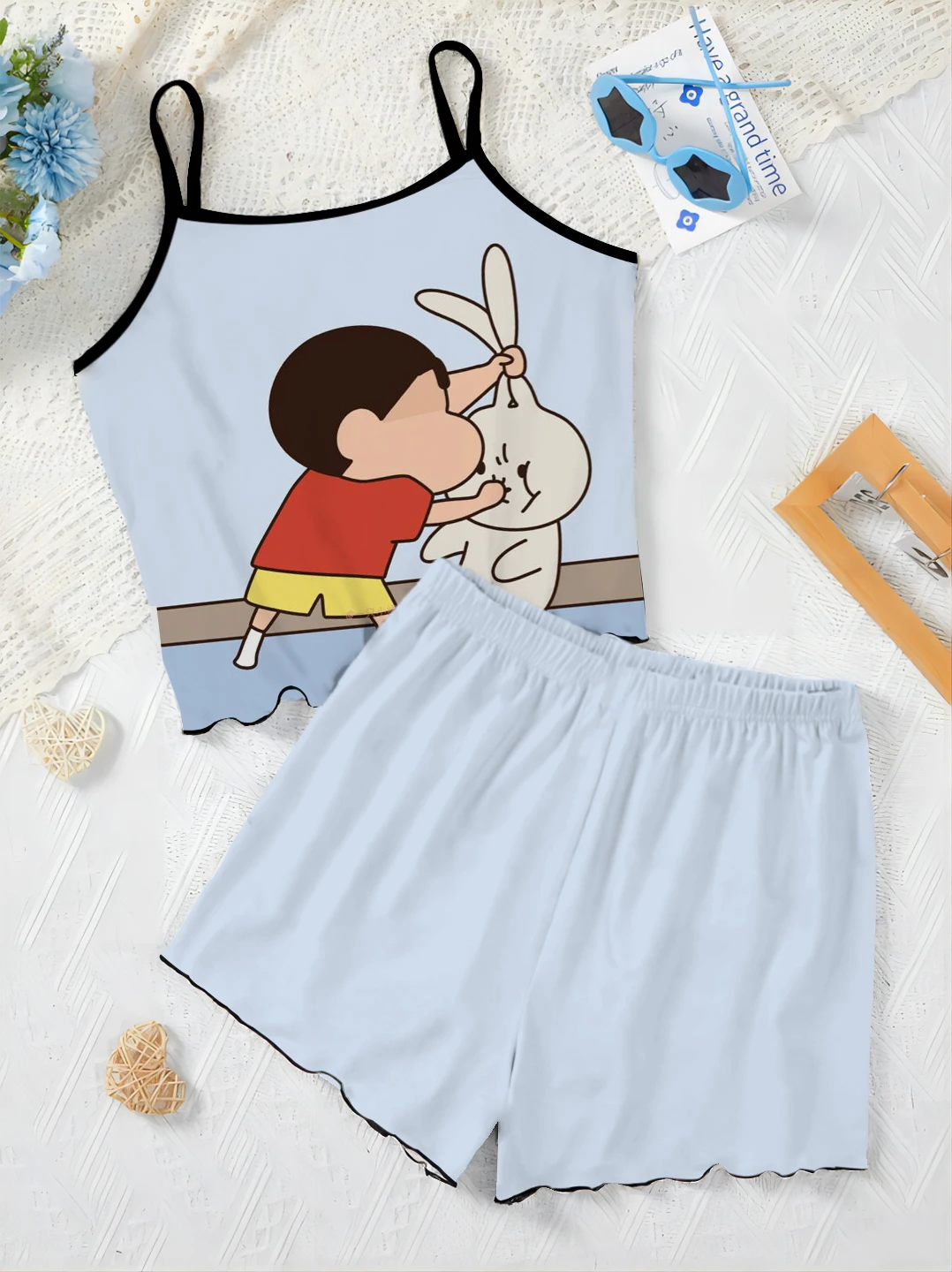 Pajama Skirt Crayon Shin-chan Women\'s Suit Top Slip Dress Short Sets Lettuce Trim Satin Surface T-shirt Pieces Elegant Home Top