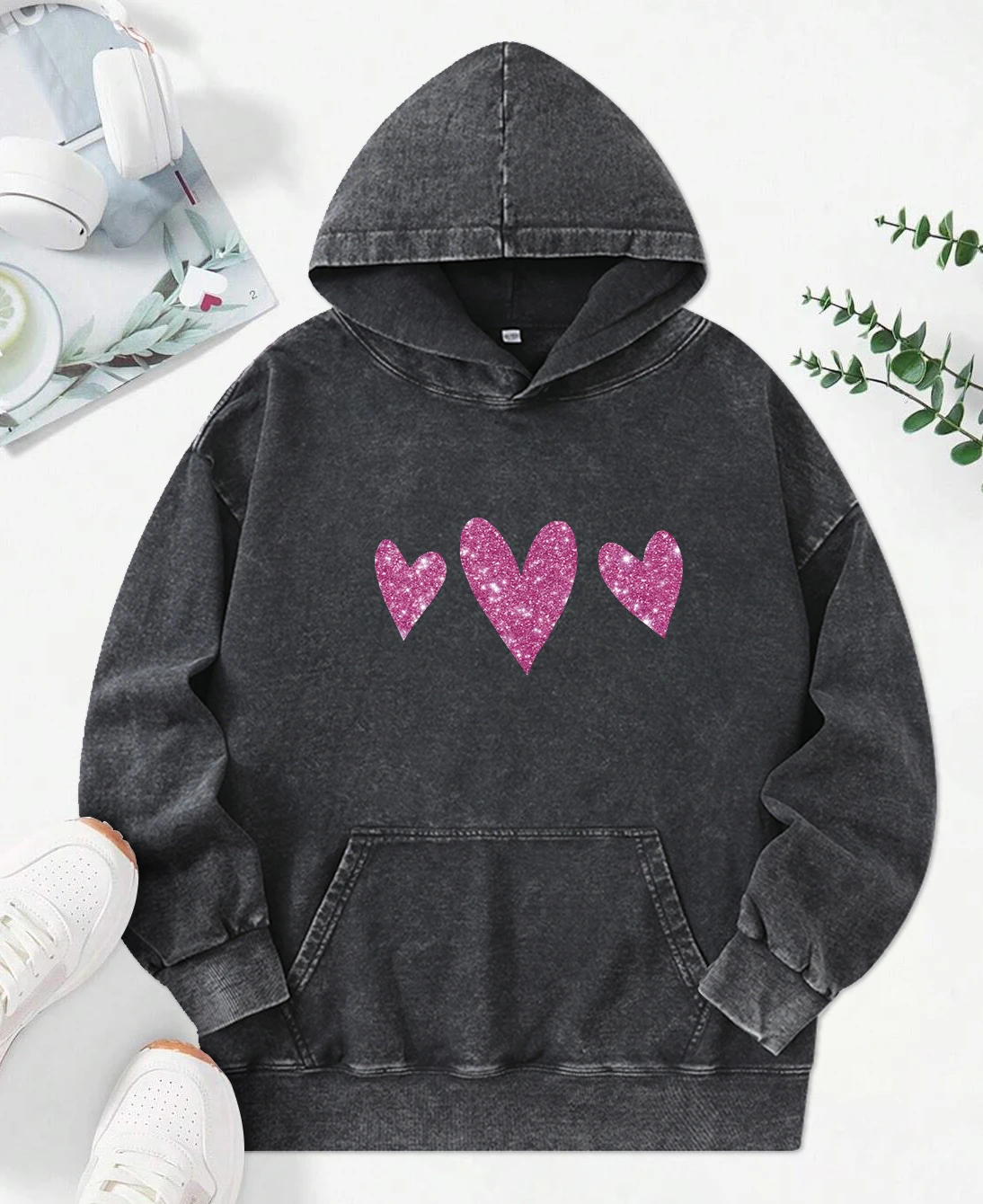 Pink Diamond Pattern Love Print Women Washed Hoodie Casual All-Match Hoody Retro Loose Streetwear Autumn Cotton Clothing Unisex