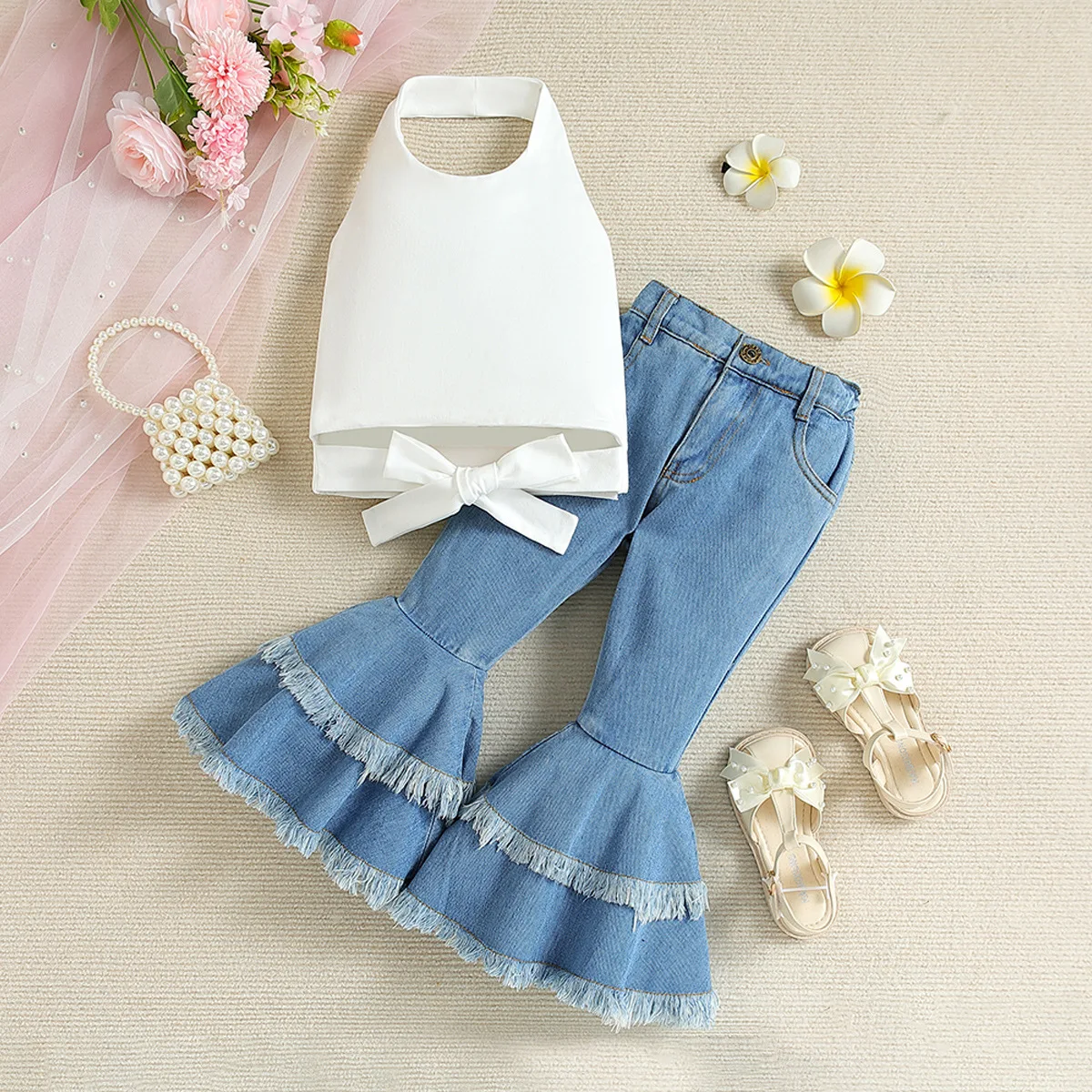 Samgami new style children\'s clothing girls summer suits stylish girls suits halter neck backless tops denim flared pants