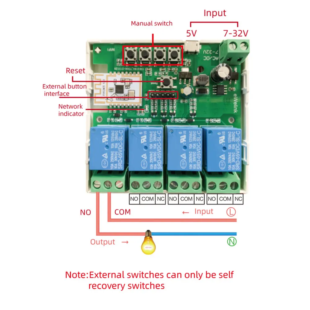 eWeLink 4 Channel Smart WiFi Bluetooth Wireless Dry Contact Relay Switch Module,APP Remote Control,Works With Alexa Google Home