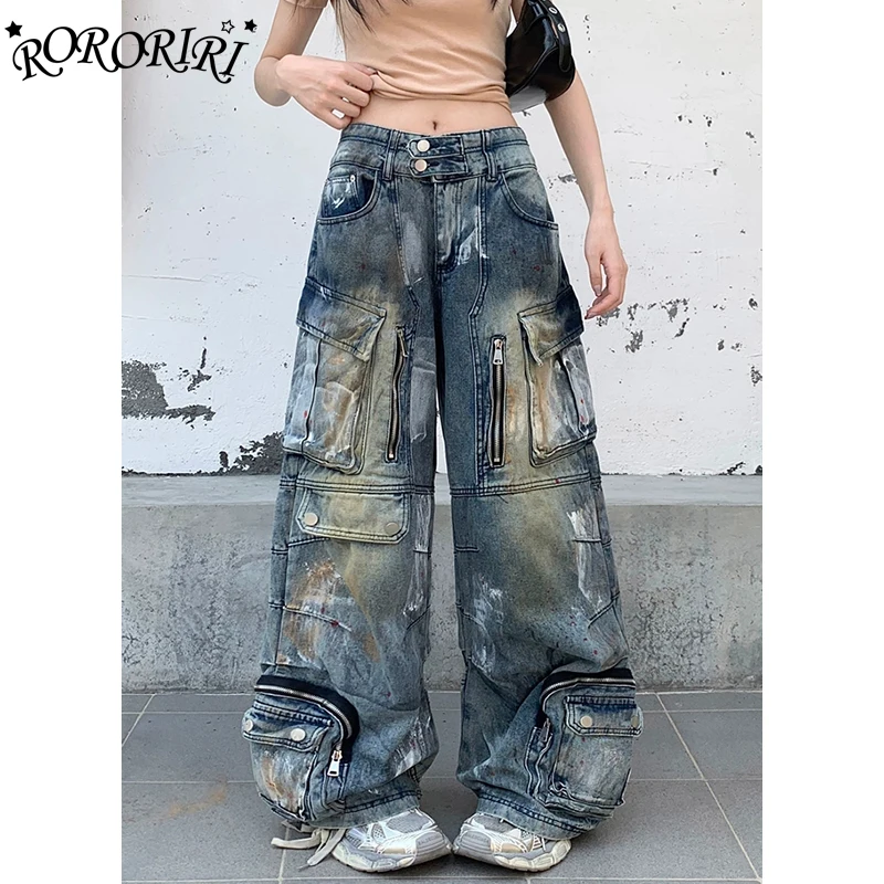 

RORORIRI Retro Graffiti Multi-pocket Cargo Jeans Women Big Size Dirty Wash Do Old Blue Stitch Denim Wide Pants Hiphop Streetwear