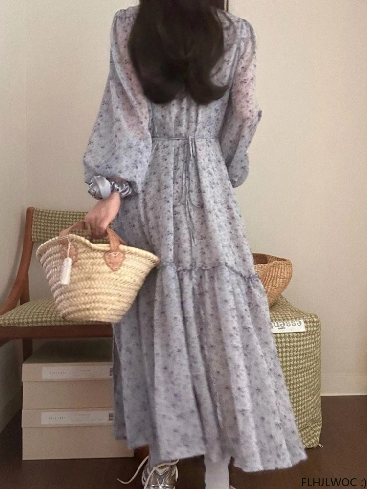 Feminine Vestidos Chic Korea Clothes Women Japan Girls Floral Robe Holiday Date Retro Vintage One-Piece Lace-Up Long Maxi Dress