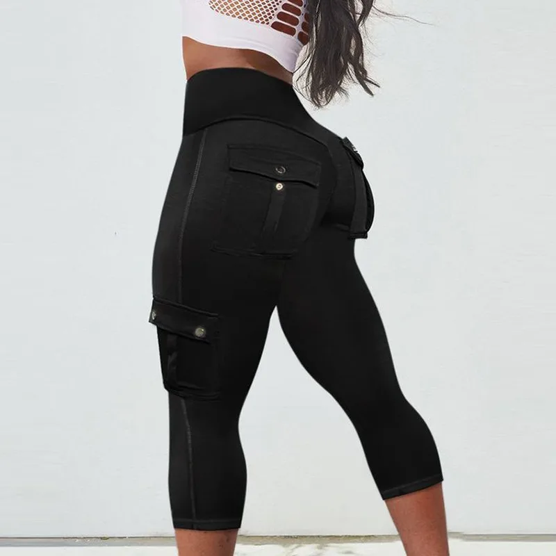 

New Arrivals Retro Fashion Trend Spring Summer Women's Clothing Solid Color High Waist Patch Pocket Tight Cropped Leggings