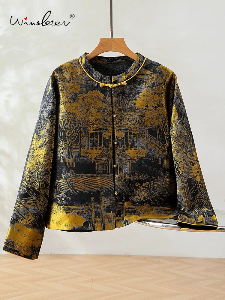 

Winsleter-100%Real Silk Song Brocade Elegant Coat, O Neck Button, Women Retro New Chinese Style Loose Coat, 2025 Autumn C5N141CC
