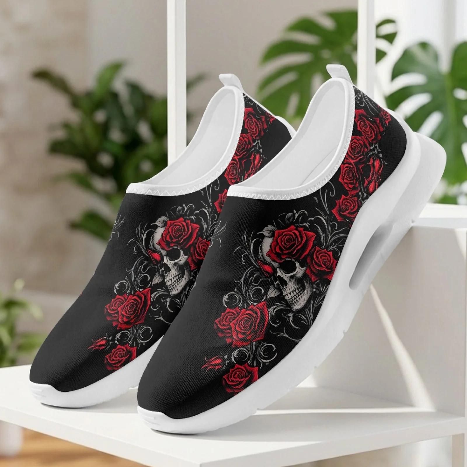 XIXIRIMIDO Women Casual Shoes Slip On Walking Sneakers Nurse Shoes Mens Gym Workout Shoe Breathable Comfortable Soft Rose Skull