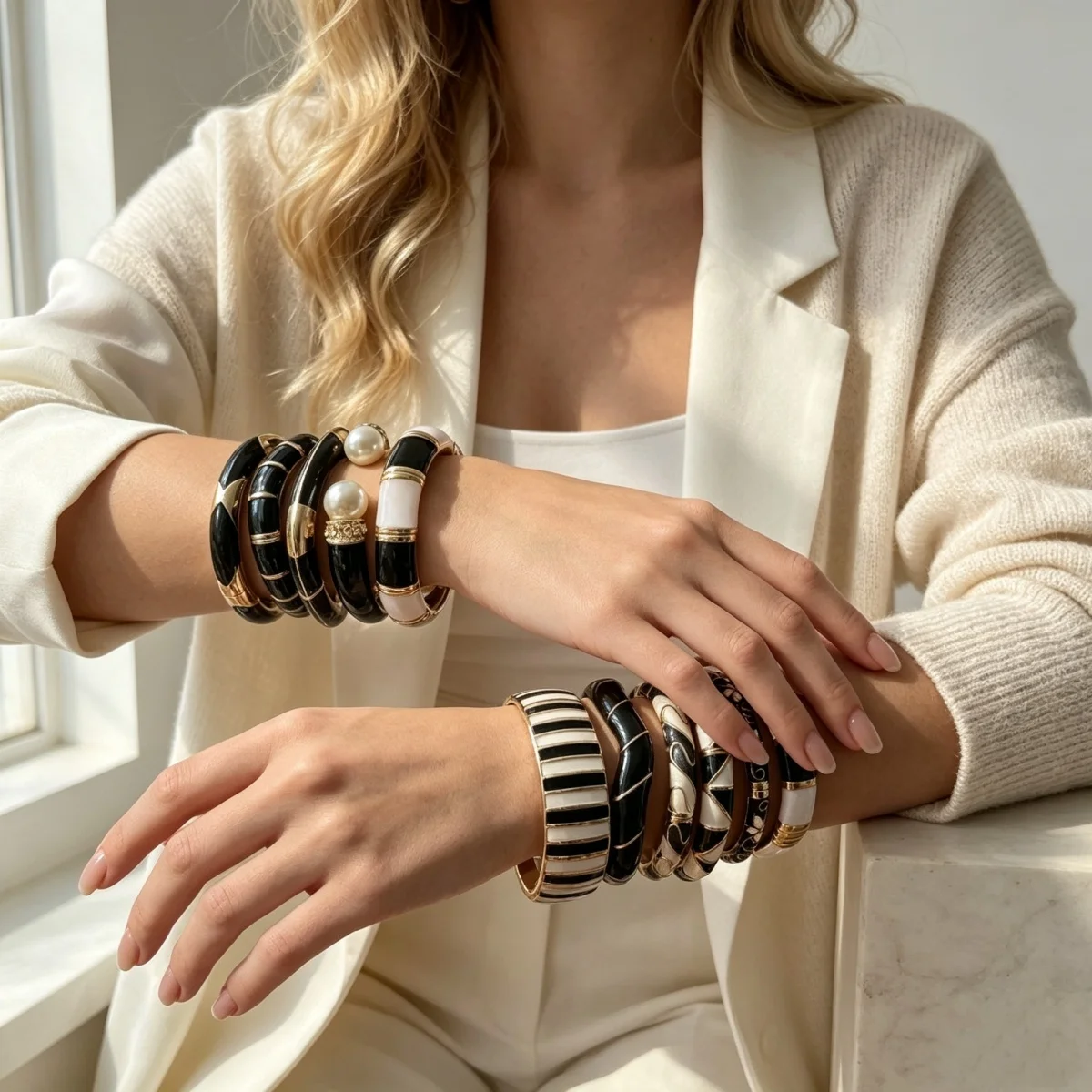 Vintage Schwarz-Weiß Gesplittete Emaille-Manschettenarmbänder für Damen und Herren, Punk Geometrisches Blumenmuster, Wellenförmiger Bambus-Gelenk-Armreif Schmuck – Detail 10
