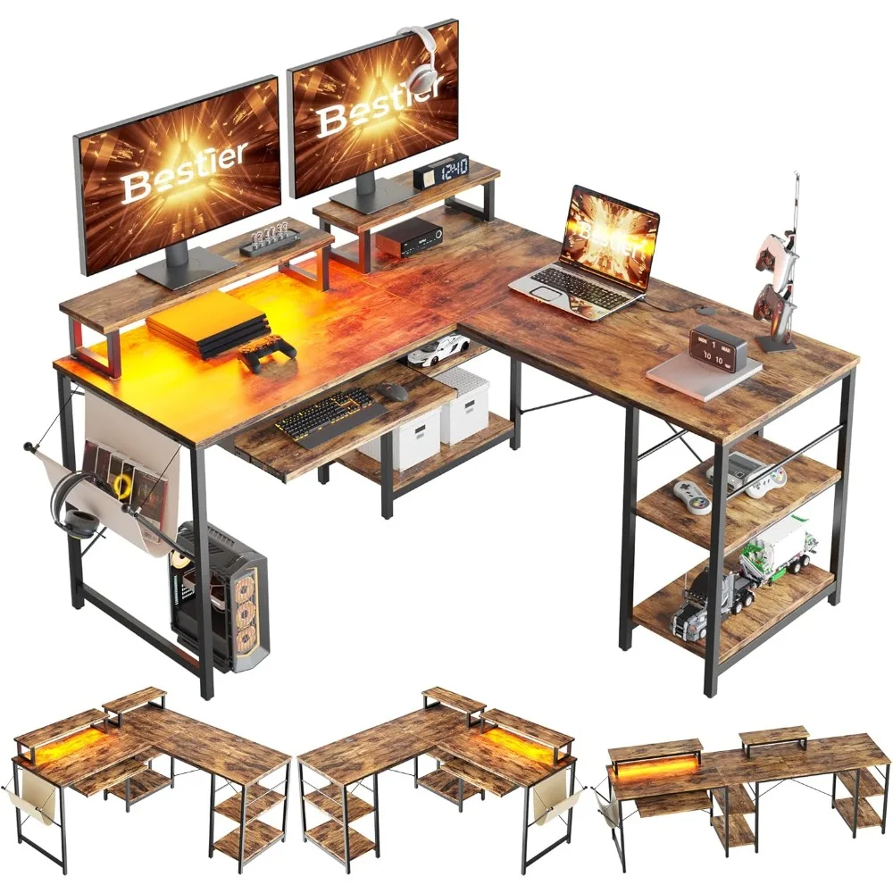 95 L Shaped Gaming Desk with Led Light, Computer Corner Desk or 2 Person Long Table with Shelves Monitor Stand and Keybo