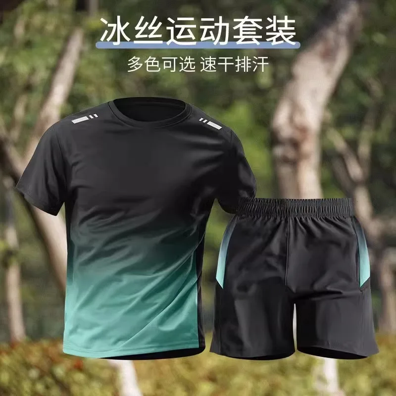 2 Pieces Sets men's quick-dry Fitness Summer Ice Silk Short Sleeves top+ tie-dye Shorts Round Neck Cheap Running Sports Clothes