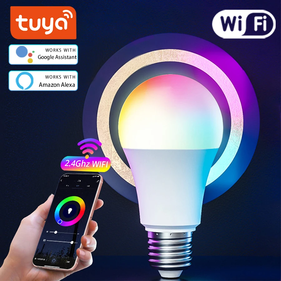 Tuya E27 WiFi Smart Light Bulb 85-265V RGB CW Color Mixing Phone Connection All-in-One Home Alexa Google Assistant Voice Control