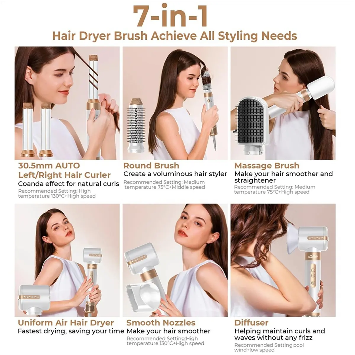 (A25M) 7 in ONE Hair Dryer Brush,Powerful Blow Dryer Brush with Auto- Wrap Curler,Detachable Fast Tool,Hair Styling Tools US - view 6
