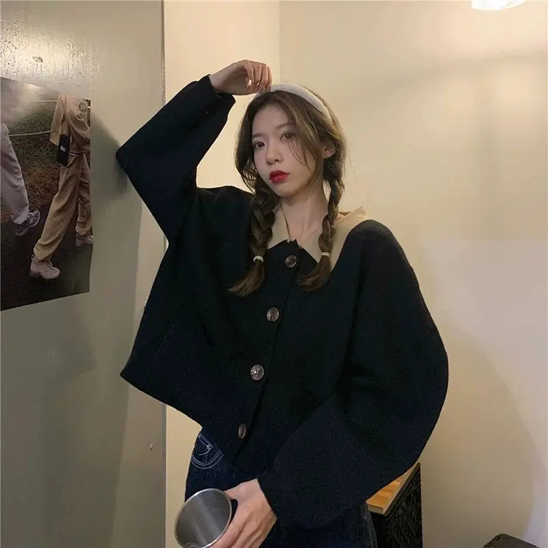 Trendy Korean personalized simple lapel knitted cardigan women 2024 spring autumn new loose lazy style high-end sweater jacket