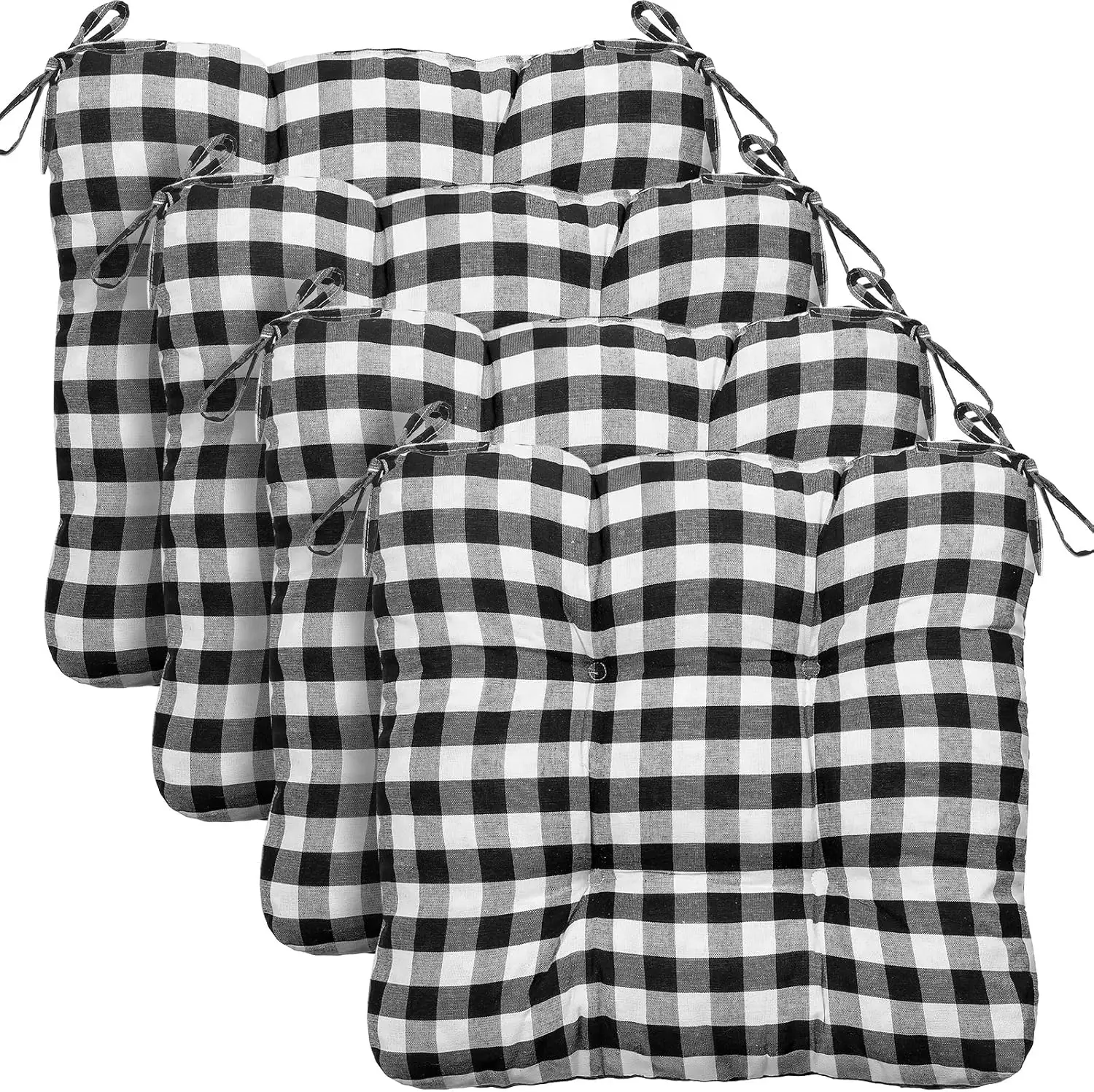 

4 Pack Black White Buffalo Plaid Chair Cushions with Ties 16x15 Soft Seat Pads for Dining Kitchen Office Indoor Outdoor