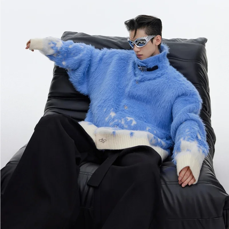 Autumn Gradient Sweater Men Imitation Mink Fur Stand Collar Metal Buttons Christmas Knitted Pullover High Street Oversize Jumper