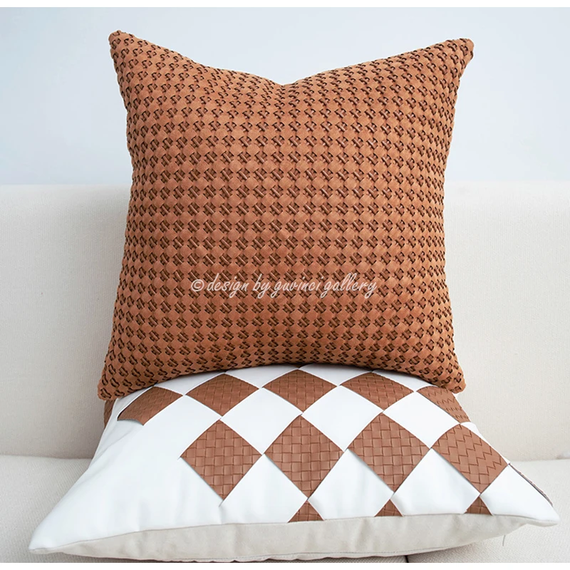 GUVINCI H Style Orange PU Leather Geometry Hand Woven Cushion Cover Luxury Accent Decorative Throw Pillow Case For Villa Hotel