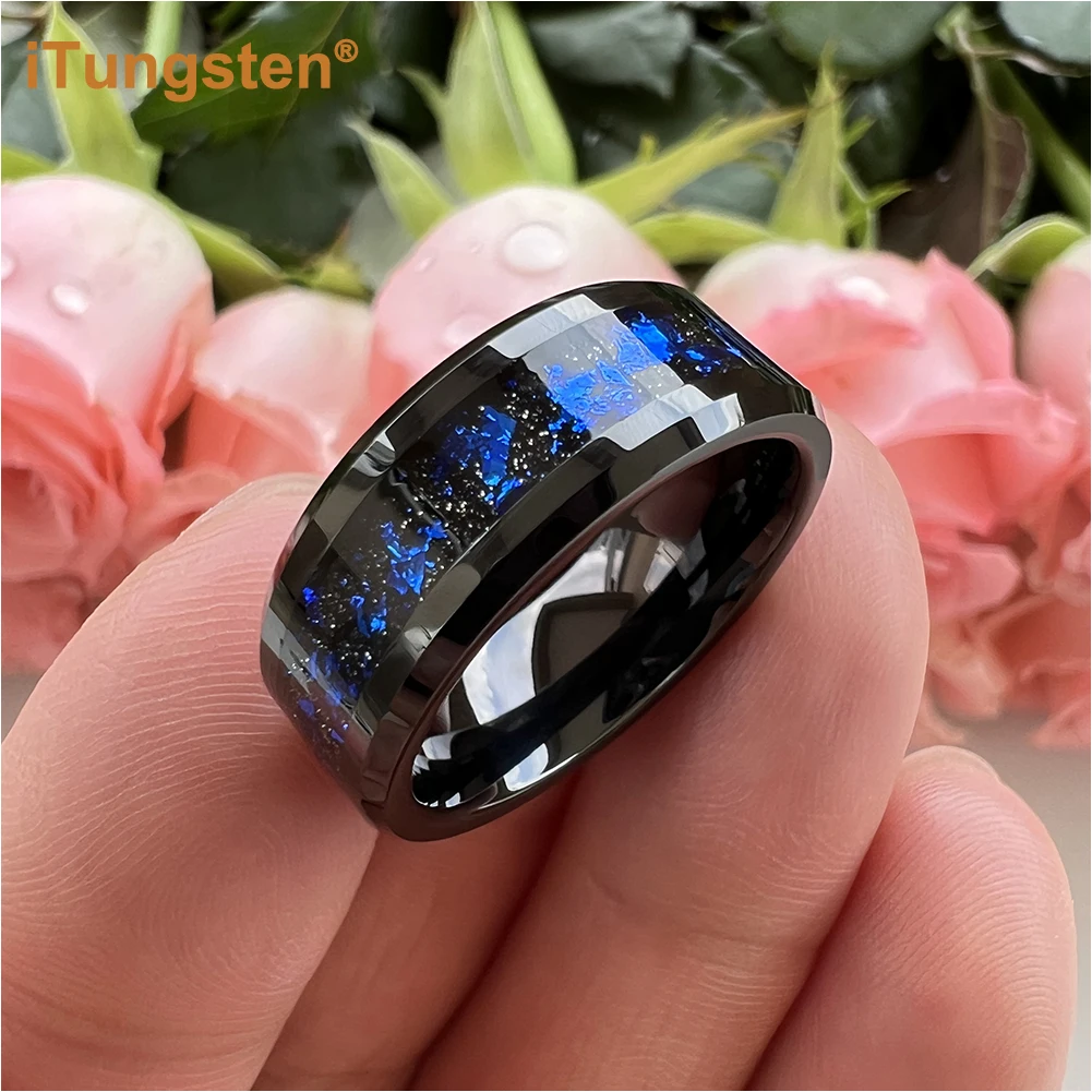 ITungsten 8mm Black/Silver Tungsten Wedding Rings for Men Women with Blue Foils Inlay Bevel Edges Polish Shiny Comfort Fit view 5