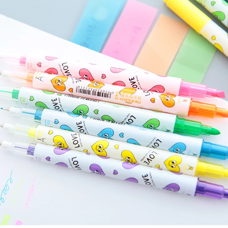 6 قطع/مجموعة أقلام تحديد ملونة برأس مزدوج، مستلزمات مكتبية للمدرسة #6