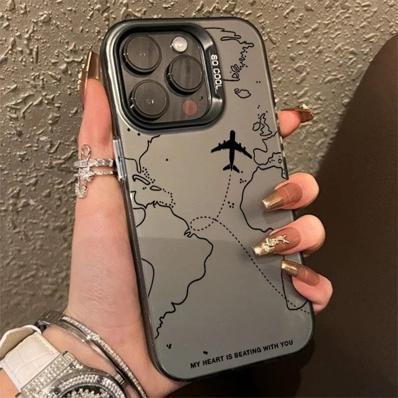 Travel-Inspired Airplane Matching Case for iPhone 16 12 13 mini 11 14 15 Pro Max Xs XR 8 Plus Hard IMD Plastic Cover for Couple