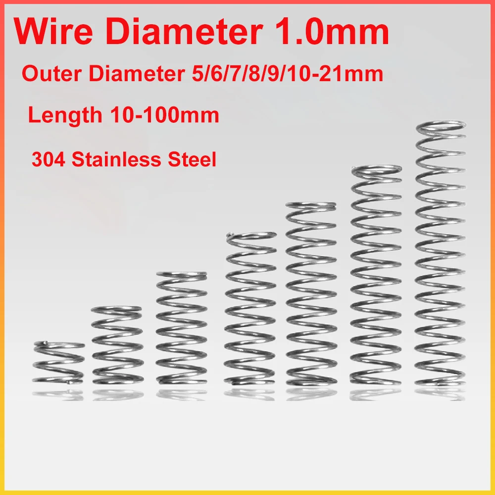 304 Stainless Steel Compression Spring Wire Diameter 1.0mm Small Return Spring Outer Diameter 5/6/7/8/9/10-21mm Length 10-100mm