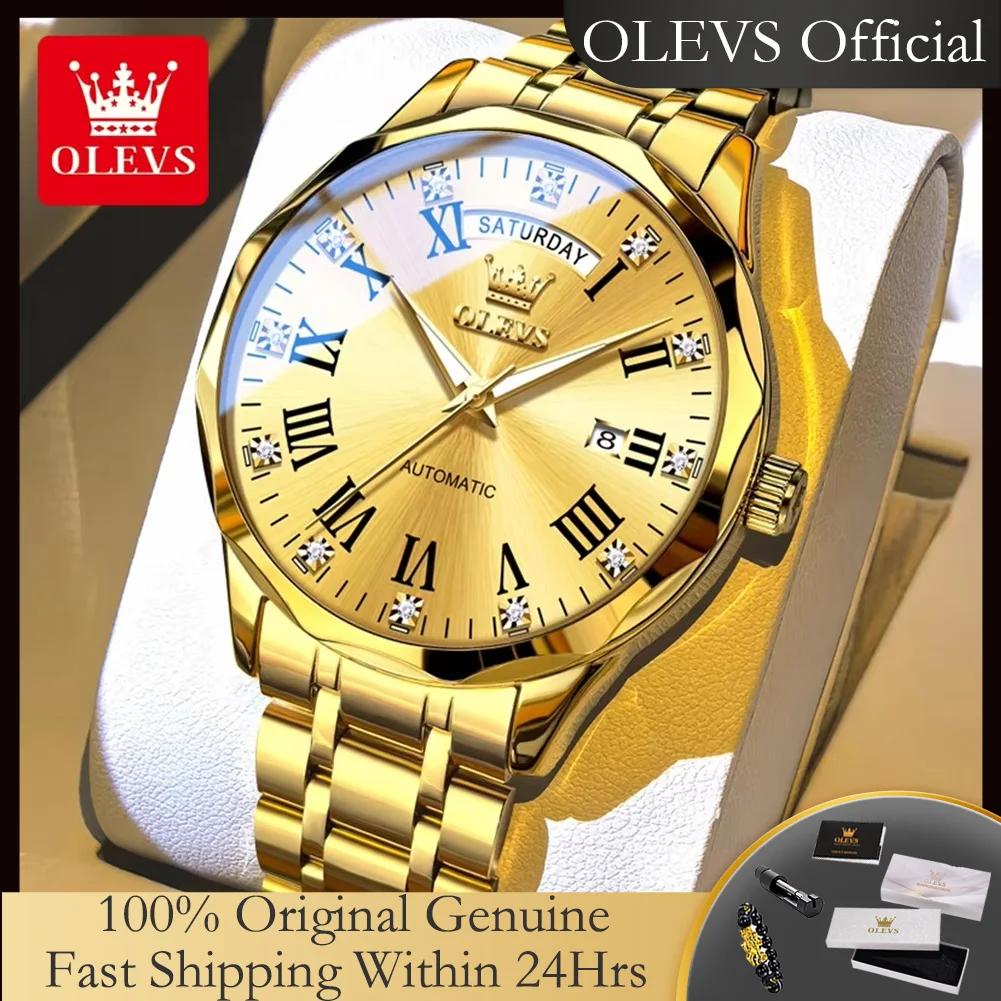 

OLEVS 6780 Automatic Mechanical Men's Watches Classic Diamond Roman Scale Dual Calendar Top Luxury Business Man Wrist Watch New