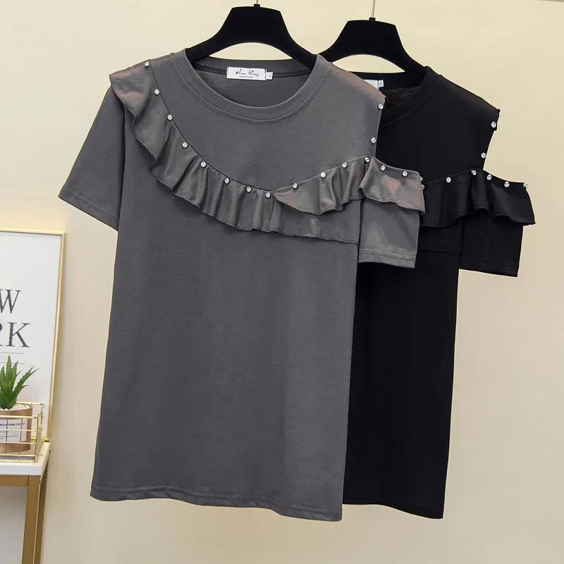 Diamonds Applique Women Cotton T-Shirt 2023 Short Sleeve Shining Rhinestone Tshirt Female O-Neck Bow Fashion Black Gray Top