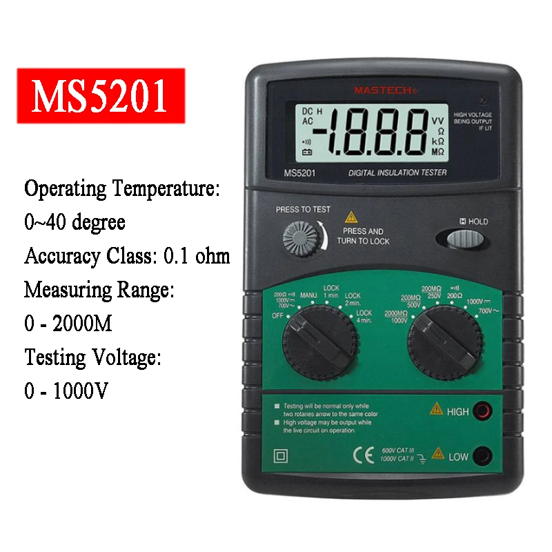 

Цифровой измеритель сопротивления изоляции MASTECH MS5201 (мегаомметр) с звуковой и световой сигнализацией для проверки электробезопасности