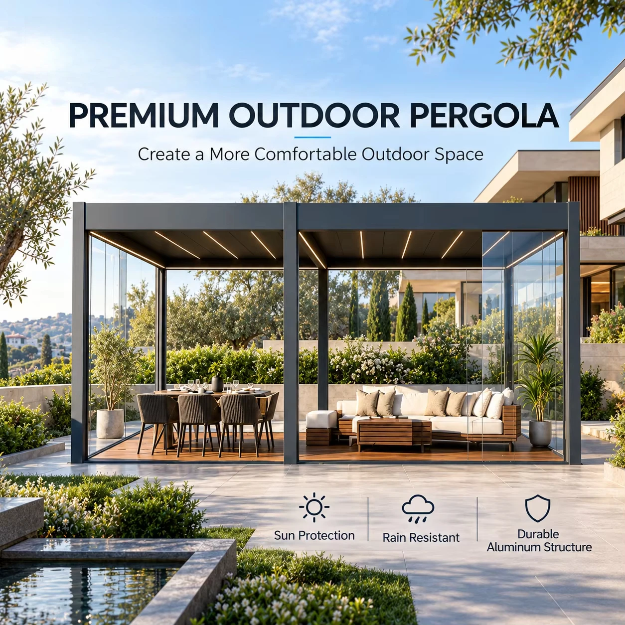 Modern Elegant Aluminum Pergola Motorized Adjustable Louver Roof For Villa Balcony Terrace Outdoor Leisure Area