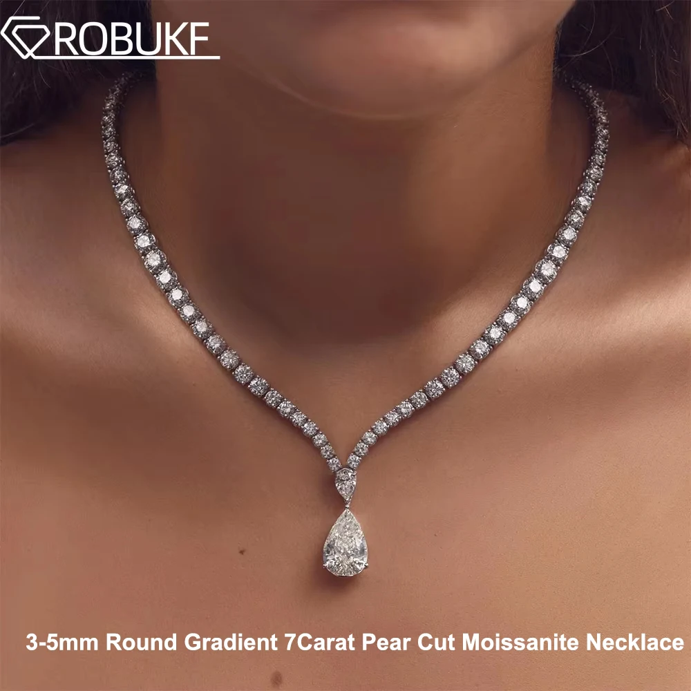 

7Carat Pear Cut V-shape Moissanite Tennis Necklace for Women 3-5mm Gradient Round Diamond S925 Silver WaterDrop Riviera Necklace