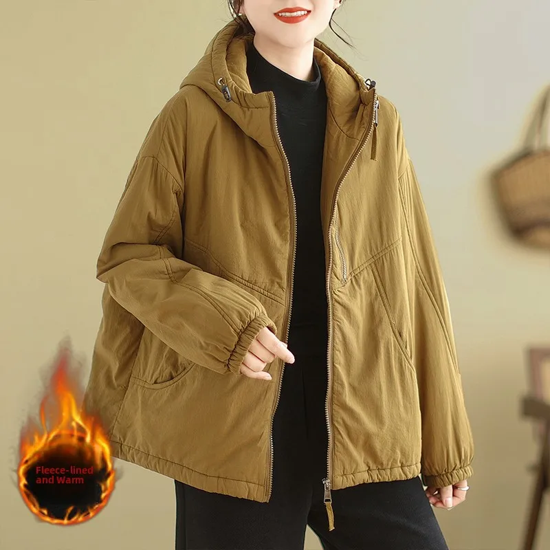 Cappotto con cappuccio ampio da donna in cotone retrò Jaet Calore Dstring Capispalla invernale Thiened Lungo chiusura con cerniera