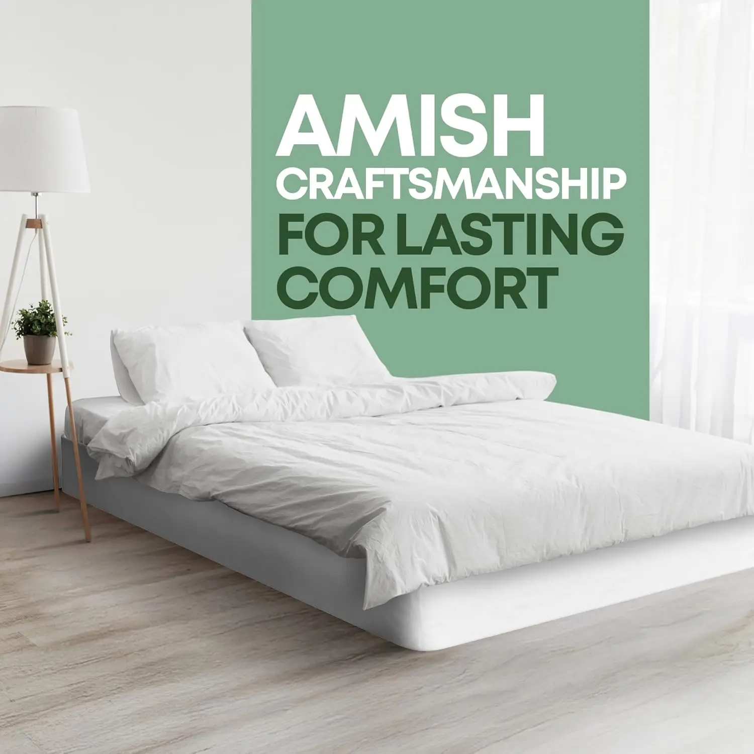 Queen Bed Application, Solid Wood Material, White Color, Amish-Made, Stable & Quiet Support, Flat-Packed & Easy Assembly