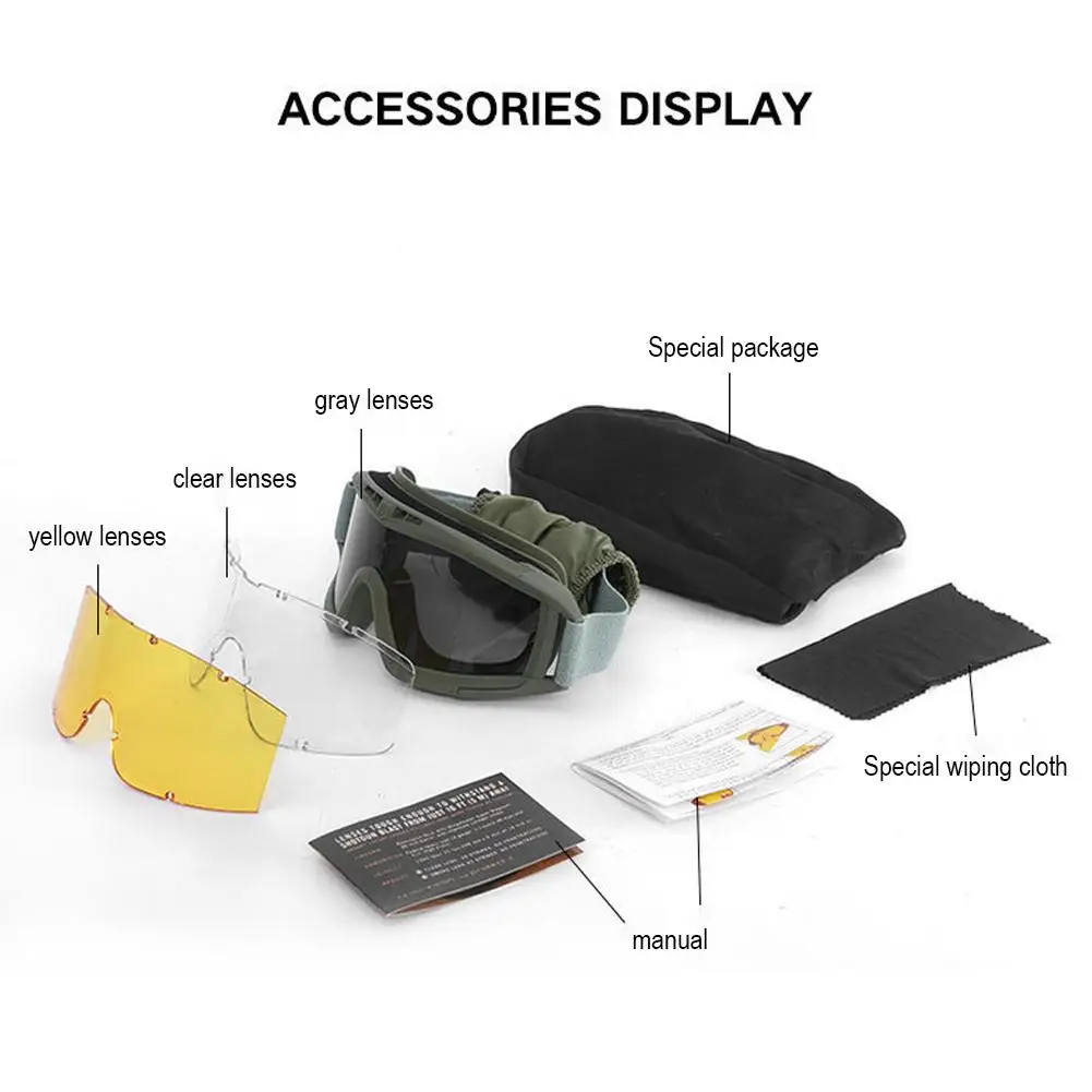 Tactical Goggles 3 Lens Windproof Dustproof Shooting Glasses Motocross Motorcycle Mountaineering Glasses Safe Protection Glasses