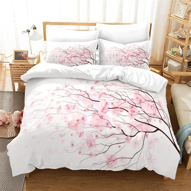 Ink Painting Duvet Cover Japanese Style Mount Fuji Comforter Cover Red Cherry Blossoms Print Bedding Set For Adults Teens Girls