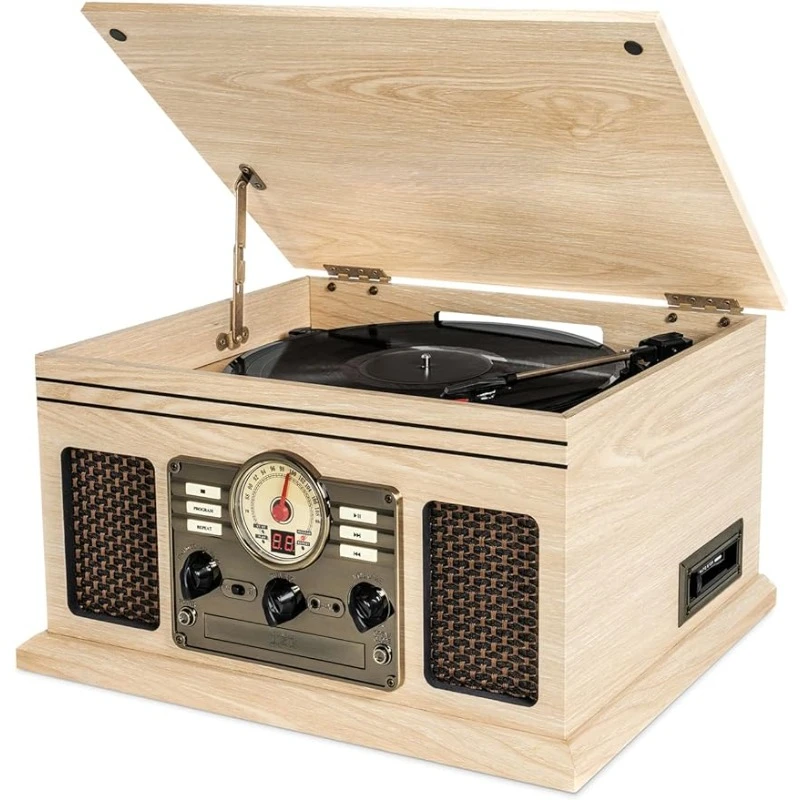 

Nostalgic 6-in-1 Bluetooth Record Player & Multimedia Center with Built-in Speakers - 3-Speed Turntable, CD & Cassette Player