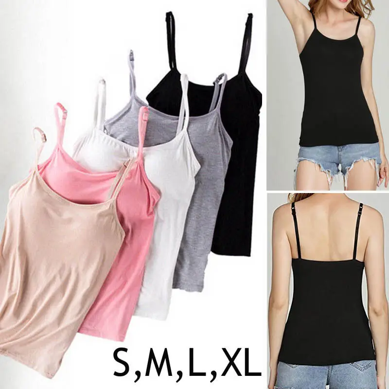 Summer Modal Bra Tank Top Women Spaghetti Strap Camisole with Built In Bra Padded Self Mold Bra Solid Casual Female Tops Vest