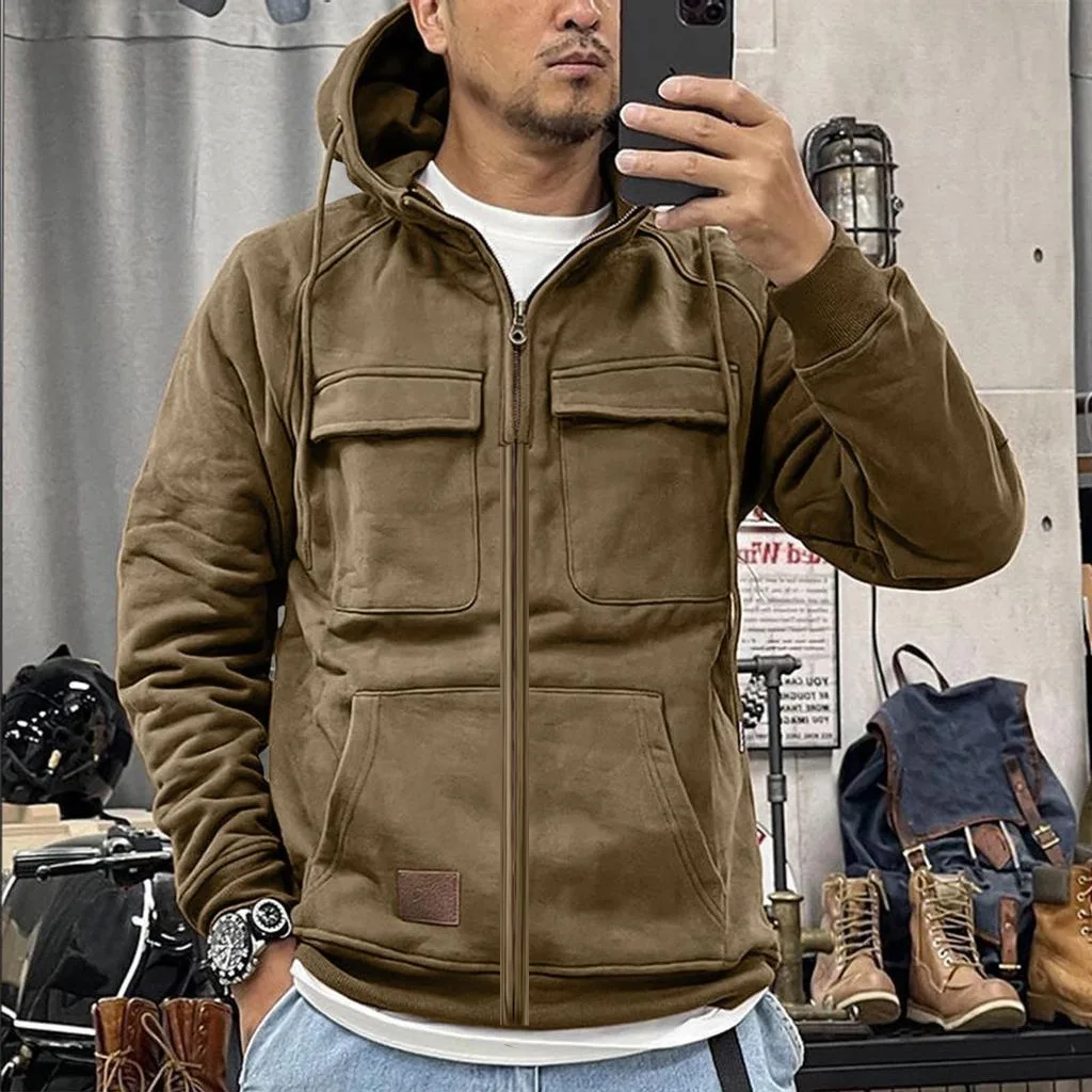 

Осенне-зимняя новая мужская толстовка на молнии, однотонная свободная молодежная спортивная кожаная толстовка с несколькими карманами, верхний комплект