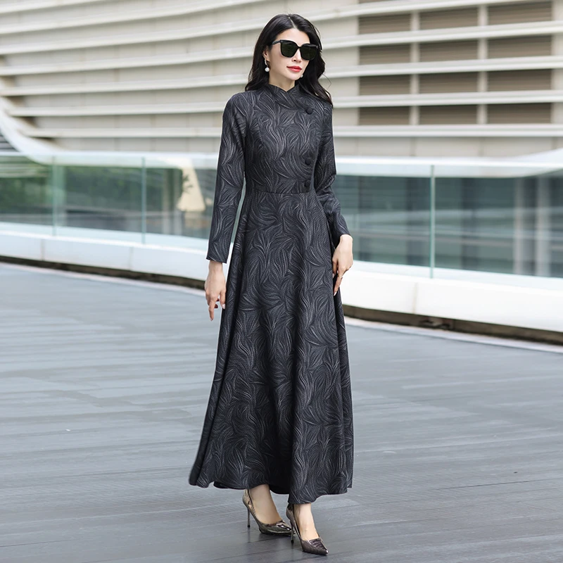 

Elegant Long Sleeve Stand Collar Dress Women's Daily Evening Two-Way Style Spring/Autumn New High-End Slimming Slim Long Dress