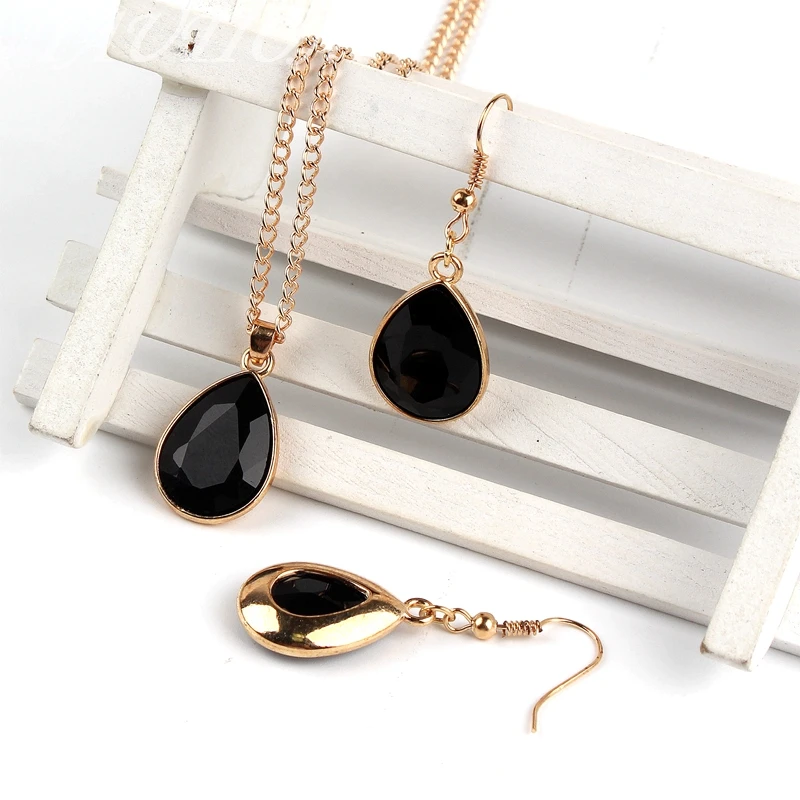 1 set Rose Gold colour Water drop Pendant Necklace & earrings Fashion Jewelry black