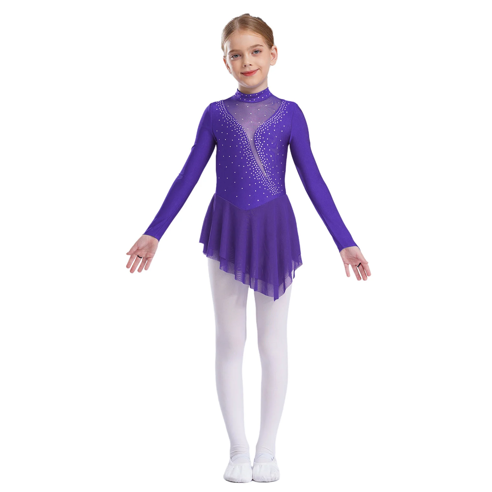 

Lyrical Girls Glittery Ballet Dancewear Sheer Mesh Patchwork Dress Rhinestones Dance Dresses Long Sleeve Irregular Hem Dancewear