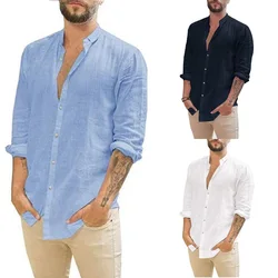 2024 New Shirts European and American Men's Loose Linen Shirt Cardigan Solid Color Leisure Collar Long Sleeve Comfort Polo Shirt