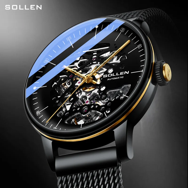 SOLLEN Men Watch 2023 New Fashion Skeleton Automatic Mechanical Watch Brand Classic Black Mesh Strap 30M Waterproof Reloj SL202