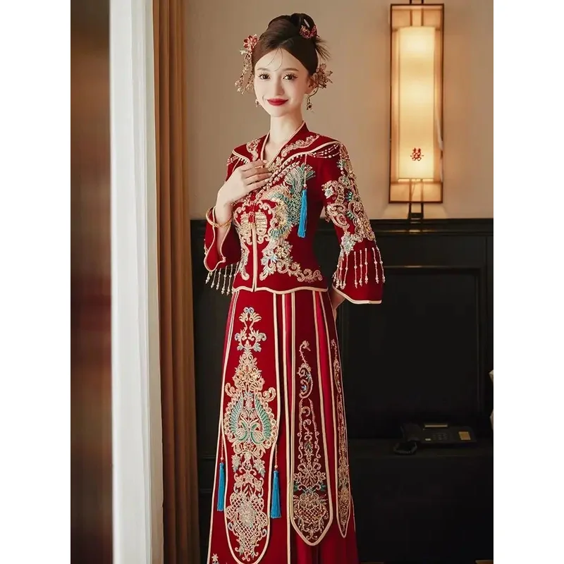 

NewWine Red Wedding Cheongsam Short Sleeve Vintage Improved Women Summer Lace Dress Slim-fit Elegant Qipao S To XL2025
