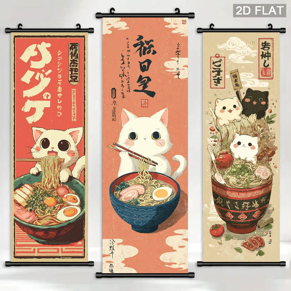 VIKAMA Cute Kitten Ramen Tri Panel Scroll Tapestry, Anime Wall Hanging for Bedroom Living Room Home Decor