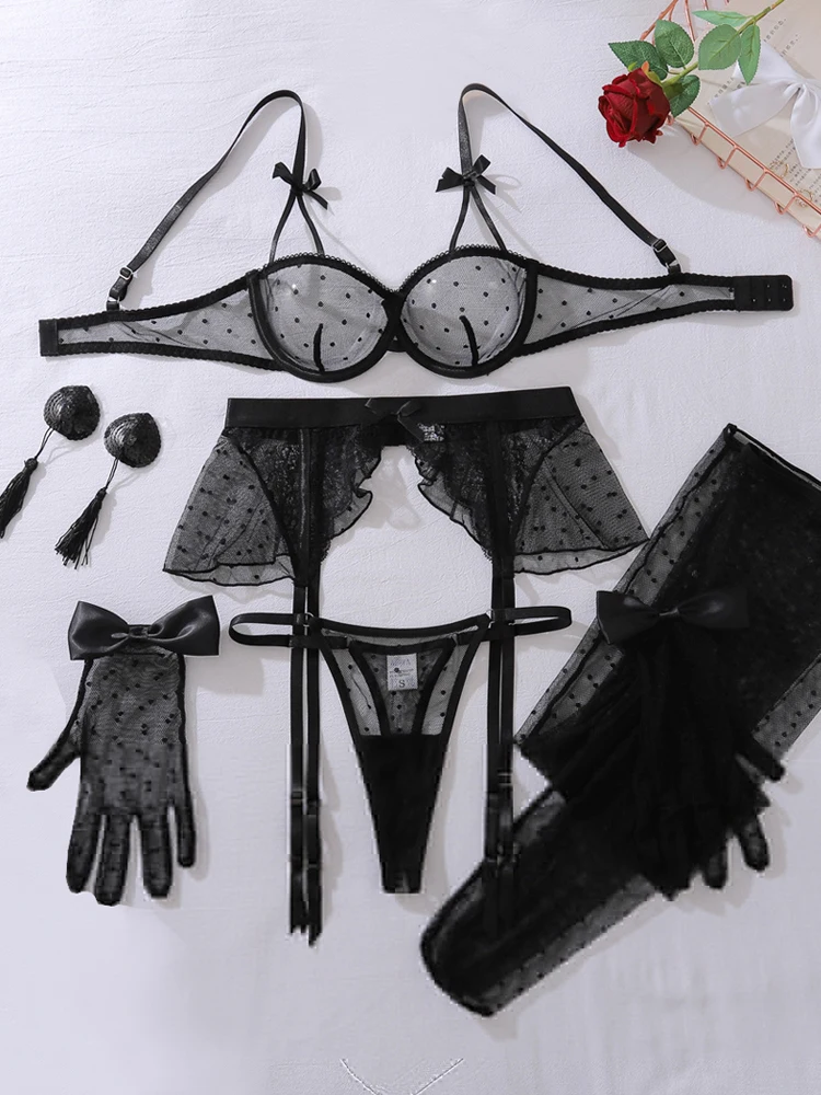 

Belamimi Transparent Lace Bow Decoration Shaping Sexy Lingerie Set with Gloves And Stockings Included