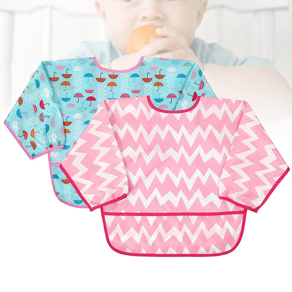 2Pcs Baby Waterproof Long Sleeve Aprons Kids Eating Clothes Painting Cooking Protection L Size Random Color Pattern