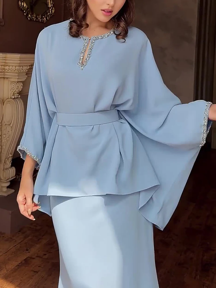 CHICEVER Spliced Diamond New Dwuczęściowy zestaw dla kobiet O Neck Flare Sleeve Top Wysoka talia Wyszczuplające spódnice Eleganckie garnitury Damskie Nowe