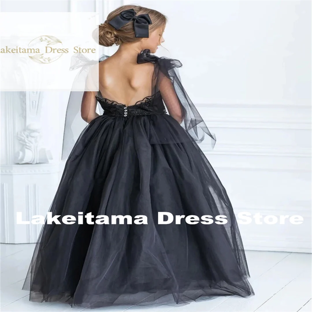 

Customization Black Tulle Appliques Flower Girl Dresses With Bow Sleeveless For Wedding Party Birthday Banquet Princess Gowns