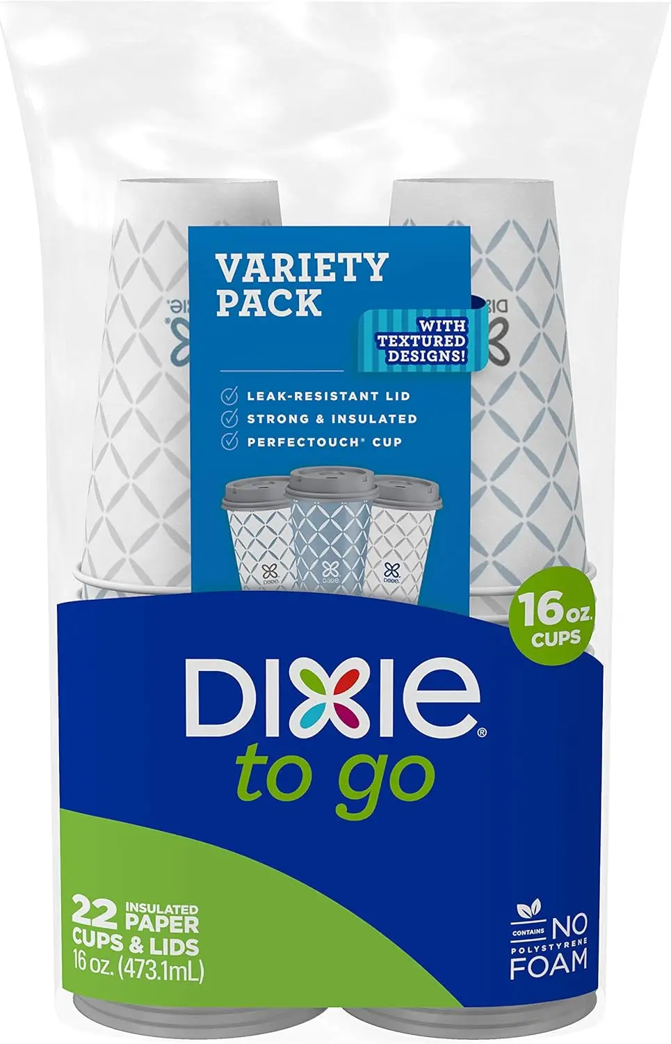 To Go Large Paper Coffee Cups With Lids, 16 Oz, 132 Count (6 packs of 22 cups), Disposable Cups For On-The-Go Hot Bevera