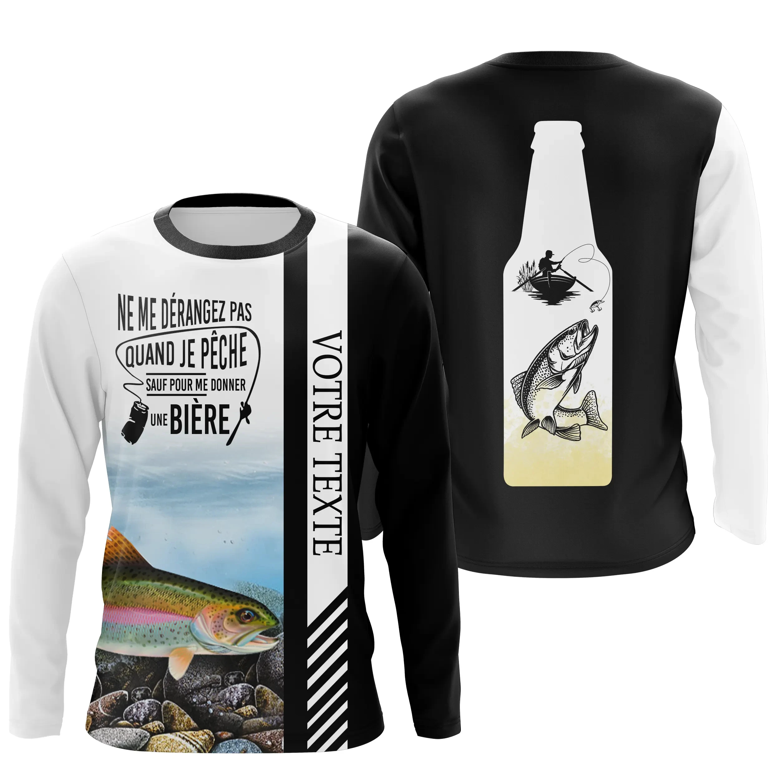 Beer Bottle Silhouette Trout Print Crew Neck Long Sleeve Tee, Fun Eye-Catching for Daily Wear, Beach Walks & Casual Fishing