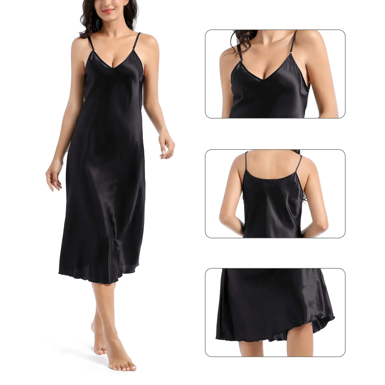 Robe de Nuit Longue en Satin pour Femme, Col en V, Vêtement de Couleur Unie