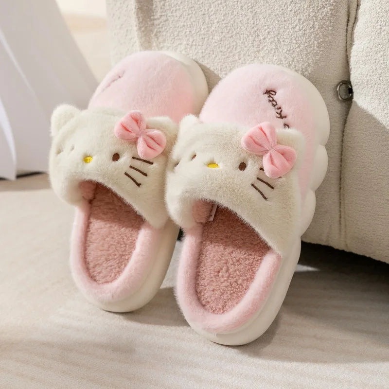 Soft Anti-slip Warm Winter Children\'s Slippers Girls Plush Floor Shoes Indoor Sock Shoes  Cute Kitty Kuromi Cotton Teen Slippers